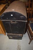 Two early 20th century metal tin trunks one dome topped with nice interior and similar tool style
