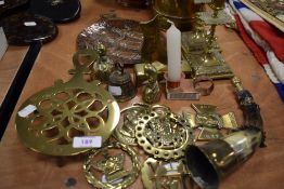 Edwardian and later hardware including water jug, candle sticks copper planter and hunting horn