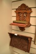Victorian and later wall sconce oak carved with poker work decoration, a plaster cast figure head