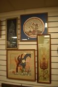 20th century and later needlework embroidery three mid century style and one Sri Lankan decoupage