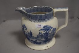 Victorian large blue and white ware water jug having transfer print of Chinese city and boat