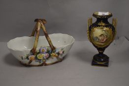 Victorian Limoge mantel urn, cobalt ground with gilt decoration hand decorated panels of cherubs and