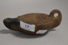Greek Roman style oil lamp in terracotta with city and fishermen design