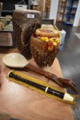 20th century tribal animal skin drums with recorder and small guitar