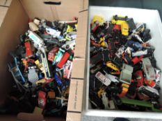 Two boxes of playworn diecasts including Corgi, Matchbox, Hotwheels etc