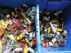 Two large boxes of playworn diecasts including early Lesney, Matchbox, Corgi etc
