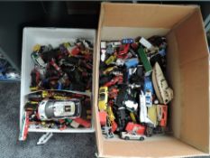 Two boxes and one shoe box of playworn diecast including Matchbox, Corgi, Corgi Juniors, Days Gone