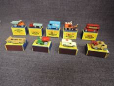 Nine Matchbox Moko Lesney diecasts, No 2 Muir Hill Dumper, No 5 London Bus, No 6 Quarry Truck, No