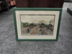A framed and glazed watercolour, A.C.Mayor, Morning at Polmadie, Royal Scot and other Locomotives,