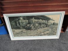 A framed print after David Shepherd, Nine Elms the Last Hours, written on side of engine Steam