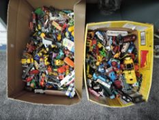 Two boxes of playworn diecasts including Matchbox Lesney, Matchbox, Husky, Corgi, Majorette, earlier