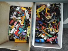 Two boxes of playworn diecasts including Matchbox Lesney, Majorette, Corgi, Matchbox etc