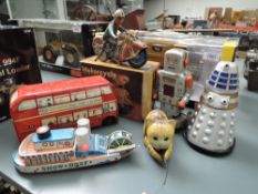 Five 1960's and later tin plate and clockwork or friction driven Toys, SY Japan Walking Robot, Japan