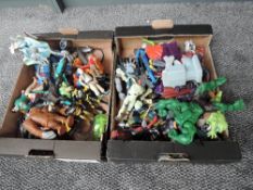 Two boxes of mainly 1990's Marvel DC figures and accessories including The Hulk, Batman, Spiderman