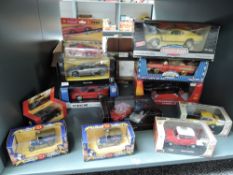 A shelf of modern diecasts including Ertl American Muscle 1:18 scale 1970 Boss Mustang, Gearbox 1957
