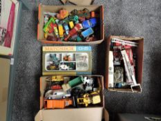Three shoe boxes of playworn diecasts including Corgi Dodge Kew Cargo Wagon, Matchbox Simon Snorkel,