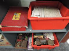 Two shelves of mixed vintage Meccano includes part set No6, brass cogs, instruction booklets, many