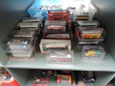 A shelf of Corgi and EFE diecast Buses and Trams including Original Omnibus, all boxed (22)