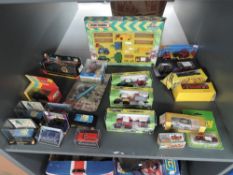 A shelf of mixed diecasts including Matchbox Farming Set FM120, Corgi Whizzwheels Customized