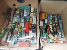 Two boxes of playworn diecasts including early Dinky and Corgi