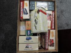 A box of various scale Corgi, Matchbox and similar diecast Buses, 16 boxed and 6 loose