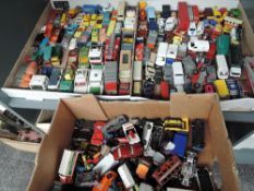 Three boxes of playworn diecasts including early Lesney, later Matchbox, Corgi, etc