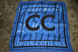 A vintage Peugeot Cabriolet Coupe head scarf in blue silk.