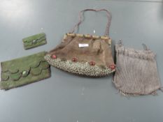 A collection of antique bags including beaded bag with metal threadwork, chain bag and green suede