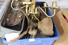 A selection of ceramics glass and decorations including brass chandelier
