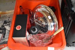 A selection of ceramics glass and decorations including lidded serving dish