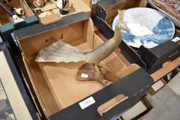 A mid century hand carved horn figure of an exotic bird or a peacock