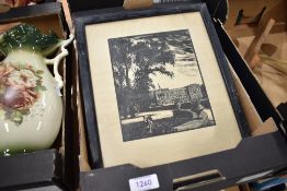 A miniature watercolour of Haworth main street with a similar lino cut print