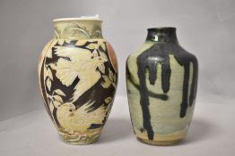 To studio pottery vases, one having drip glaze the other with decoration of birds and foliage.