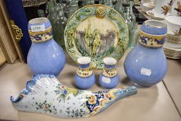 A pair of Turin vases, Ming design and a similar smaller pair with a horn of plenty wall pocket