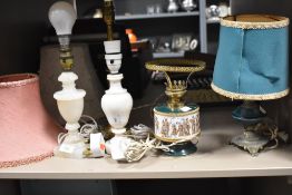 20th century five lamp bases including stone cut, brass and Florentine with two shades