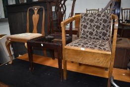 A vintage commode, around 1930s with upholstered back and seat, another chair with needle point