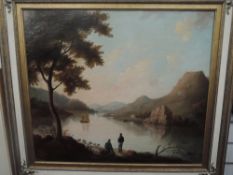 (19th/20th century),an oil painting, romanticized period style lake scene with figures and boat,
