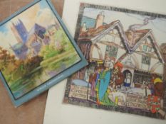 (20th century), a watercolour, Wells cathedral book illustration, 10 x 10cm, and an etching, The Old
