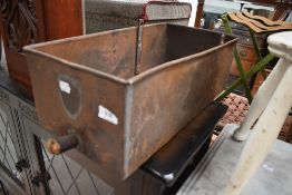 A Bee related metal trough, possibly honey collector, badge reads 'EH Taylor, Bee Appliance