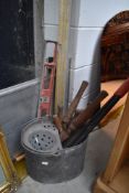 A selection of tools, mop bucket etc