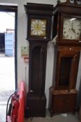 A traditional dark oak cased composite long case clock with single hander brass and silvered
