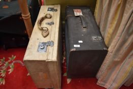 A selection of vintage and later luggage, and Singer sewing machine