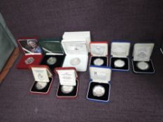 Nine Royal Mint Silver Proof Five Pound Coins, 1990 90th Birthday, 1993 40th Anniversary, 1996