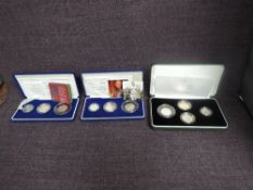 Three Royal Mint Silver Proof Piedfort Coin Sets, 2003 Three Coin 50p, £1 & £2, 2004 Three Coin 50p,
