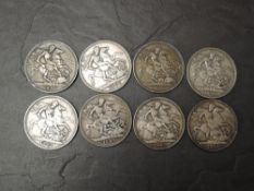 Eight GB Silver Victoria Crowns, 1889 x2, 1890 x2, 1891 x2, 1893 and 1895