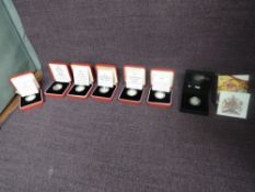 Seven Royal Mint Silver Proof Piedfort One Pound Coins, 1993 Coat of Arms, 1998 Coat of Arms, 1999