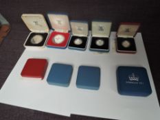 Nine United Kingdom Royal Mint Silver Proof Coins, 1977 Silver Jubilee Crown x2, 1980 80th