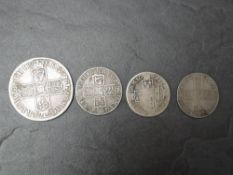Four Queen Anne Silver Coins, 1707 1/2 Crown with E below bust and Sexto on edge, 1708 Shilling with