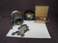 A tankard containing modern GB 50p Coins and a small amount of silver along with a two small boxes