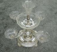 An impressive late Victorian silver plate and etched-glass epergne centrepiece, the fluted and